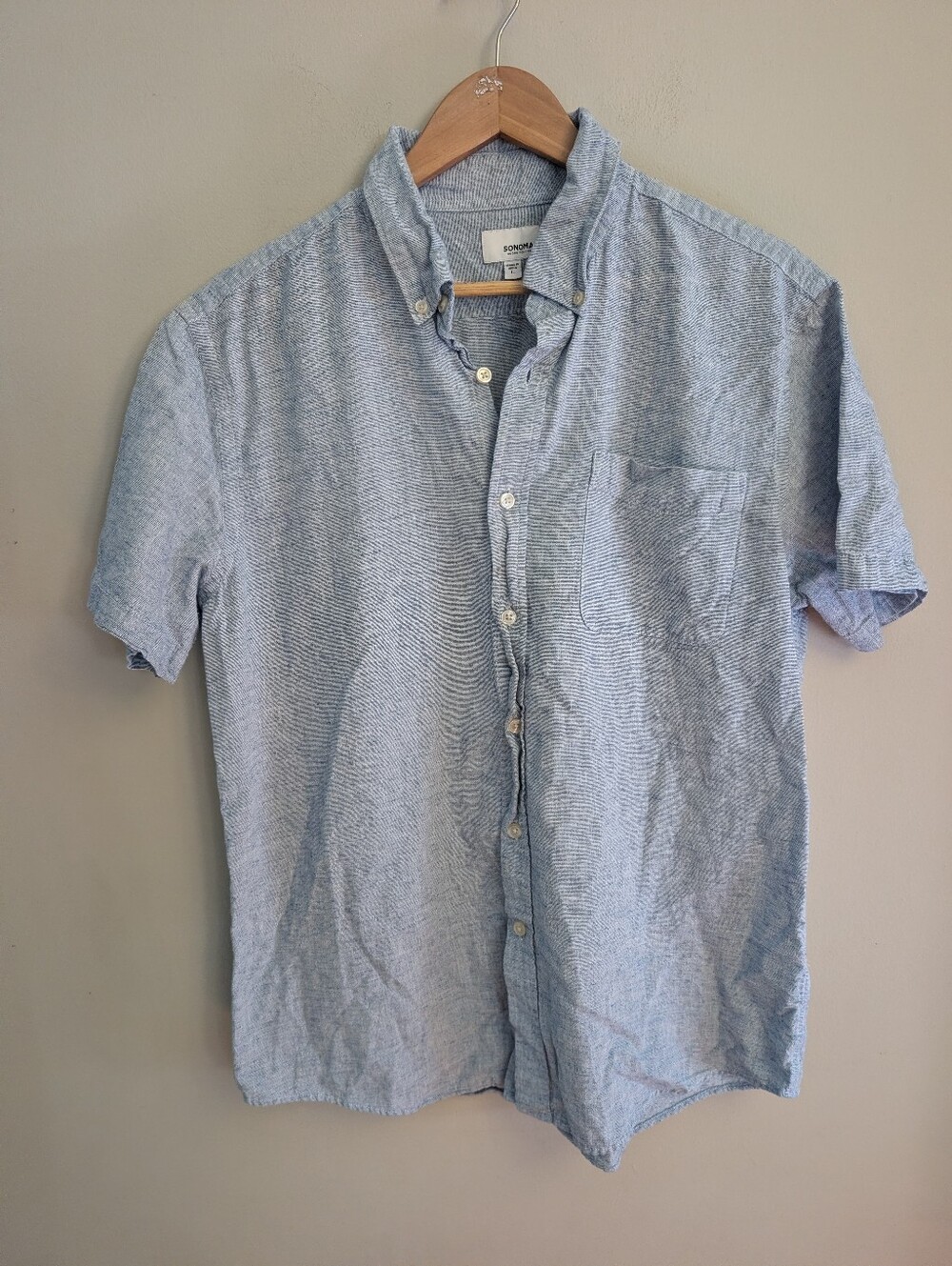 Sonoma Blue Linen Cotton Button Down Polo Shirt Size L